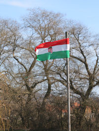 Low angle view of flag against sky