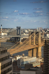 Bridge over river against buildings in city