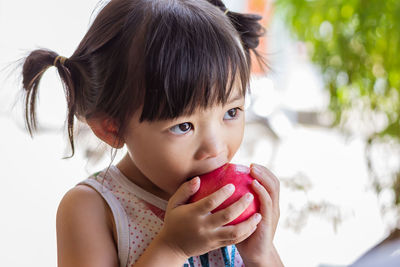 Close-up portrait of cute girl holding fruit