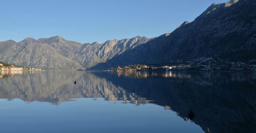 Lake by mountains against clear sky