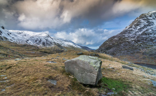 Scenic view of snowcapped mountains against sky