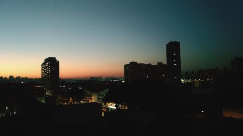 Silhouette buildings against clear sky during sunset