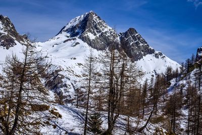 Scenic view of snowcapped mountains against sky during winter