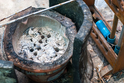 High angle view of food on barbecue grill