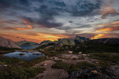 Scenic view of mountains against sky during sunset