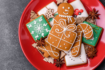 High angle view of cookies in plate on table