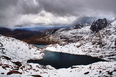 Scenic view of snowcapped mountain against cloudy sky