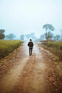 Rear view of man walking on dirt road