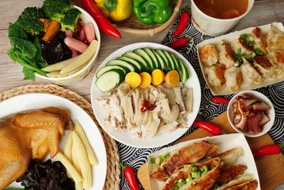 High angle view of food served on table