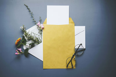 High angle view of gift box on table