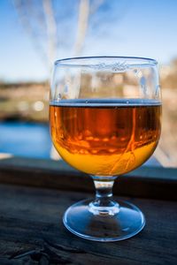 Close-up of beer in glass on table