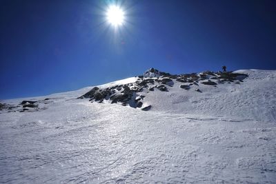 Snow covered mountain against sky on sunny day