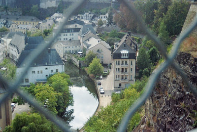 High angle view of townscape by road in town