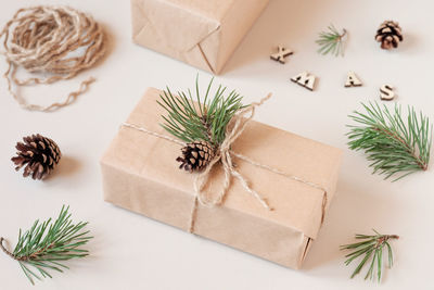 A christmas gift, packed in kraft paper and decorated with a pine branch and a cone. 