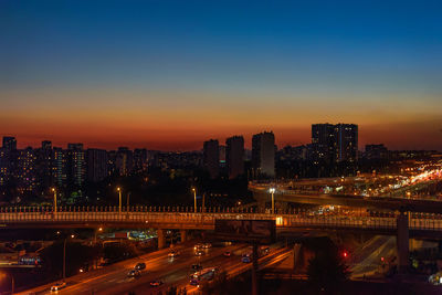 Illuminated city at sunset