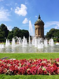 View of fountain with flowers in foreground