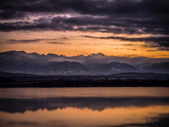 Scenic view of lake against sky during sunset