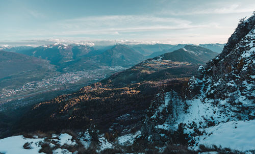 Aerial view of snowcapped mountains against sky