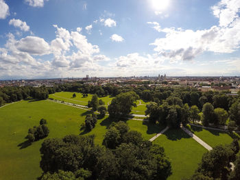 High angle view of trees on field against sky