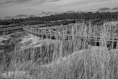 Panoramic shot of bridge over land against sky