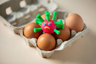 High angle view of eggs in container