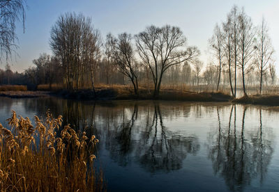 Scenic view of lake against sky at sunset