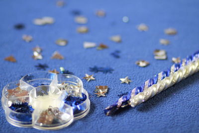Close-up of purple and blue flowers on table