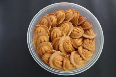 High angle view of bread in bowl on table