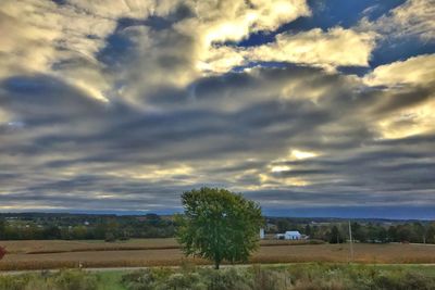 Scenic view of field against dramatic sky