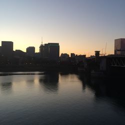 River with buildings in background at sunset