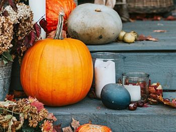 Pumpkins on table during autumn