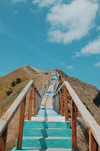 View of staircase leading towards beach against blue sky