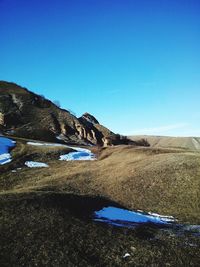 Scenic view of sea against clear blue sky