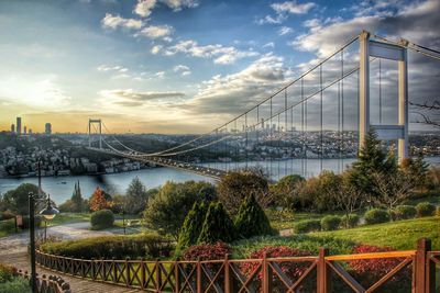 Bosphorus bridge over river against sky