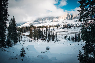 Scenic view of snow covered mountains against sky