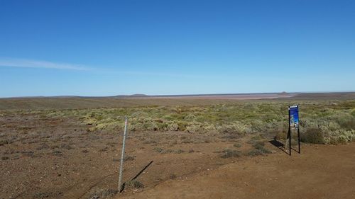 Rear view of man standing on field against clear blue sky