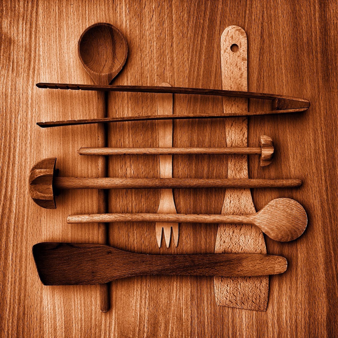 High angle view of wooden utensils on table