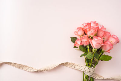 Close-up of pink flower vase against white background