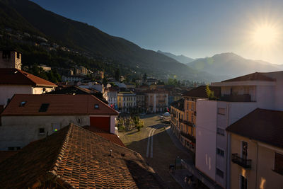 High angle view of buildings in town