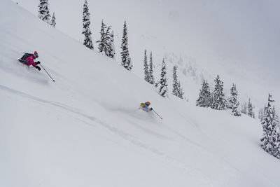 People skiing on snowcapped mountain