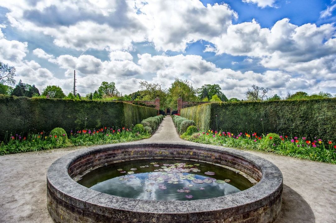 plant, water, cloud - sky, sky, nature, tree, day, growth, beauty in nature, fountain, no people, garden, flower, park, flowering plant, formal garden, park - man made space, tranquility, outdoors, hedge, ornamental garden, concrete, garden path