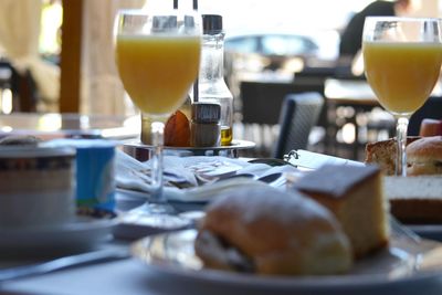 Close-up of food and drinks on table