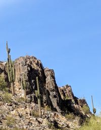 Low angle view of rocks against clear blue sky