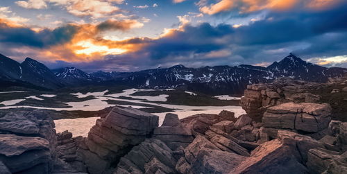 Scenic view of snowcapped mountains against sky during sunset