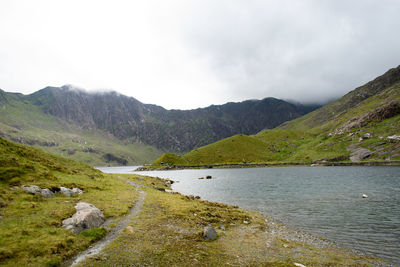 Scenic view of lake and mountains against sky