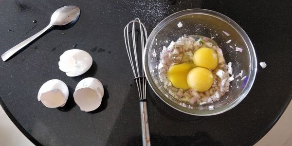 High angle view of breakfast on table