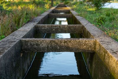 View of wooden bridge over calm lake