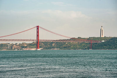 Suspension bridge over sea against sky