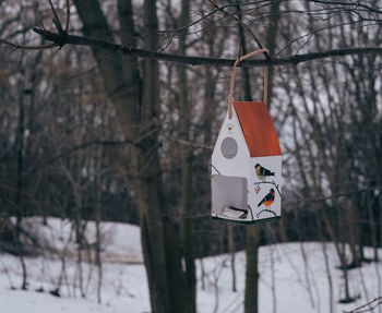 Close-up of birdhouse hanging on tree trunk during winter