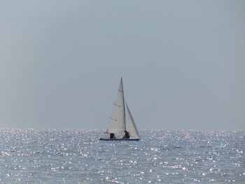 Sailboat sailing on sea against clear sky